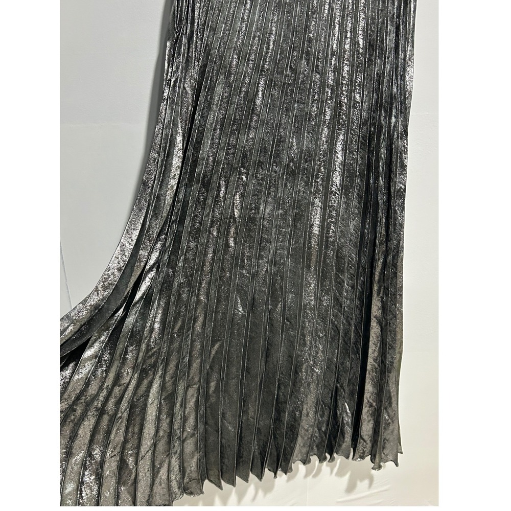 Pleated Metallic Maxi Skirt Women XS Black Gunmetal Shimmer Evening Holiday